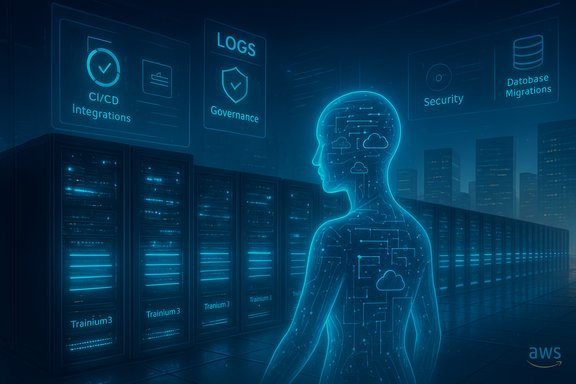 Glowing holographic figure beside server racks, with cloud and security icons.