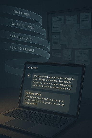Laptop displays AI chat amid spiraling ribbons labeled Timelines, Court Filings, SAR Outputs, and Leaked Emails.
