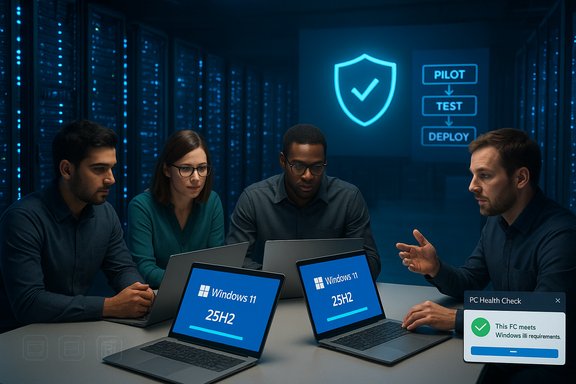 IT team in a data center collaborates over Windows 11 laptops during a pilot-to-deploy workflow.