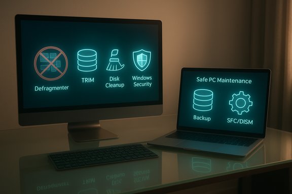Neon teal PC maintenance icons displayed on a desktop monitor and a laptop.