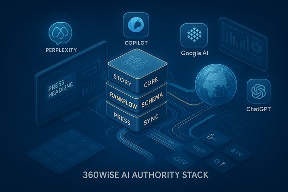 Blue isometric AI stack labeled STORY CORE RANKFLOW SCHEMA PRESS SYNC, with AI logos around.