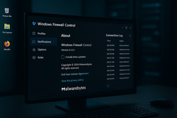 Monitor displays Malwarebytes Windows Firewall Control in a dark teal UI.