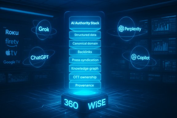 Blue holographic AI stack labeled 'AI Authority Stack' floats amid orbiting logos.
