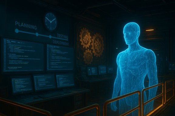 A glowing blue holographic human stands in a dark control room filled with screens and gears.