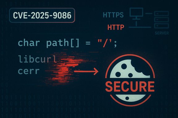 Cybersecurity artwork highlighting CVE-2025-9086, code snippets, libcurl, and a big SECURE emblem.