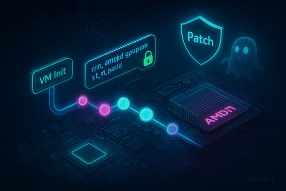 Neon cyberpunk motherboard scene highlighting VM Init, a patch shield, ghost icon, and an AMDT chip.