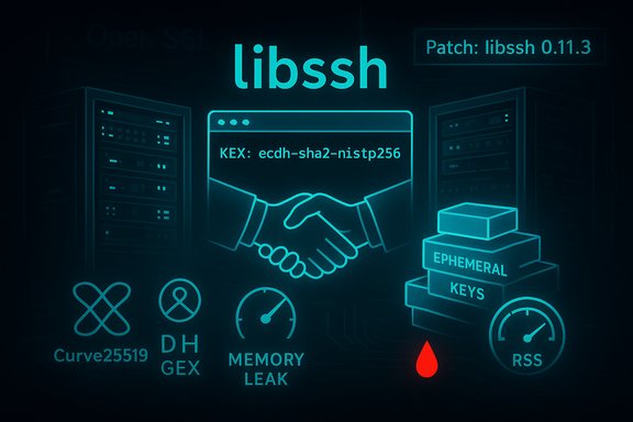 Neon illustration of libssh patch 0.11.3 with handshake and KEX details.