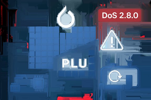 Blue neon tech collage featuring PLU, DoS 2.8.0, a warning icon, and circuit motifs.