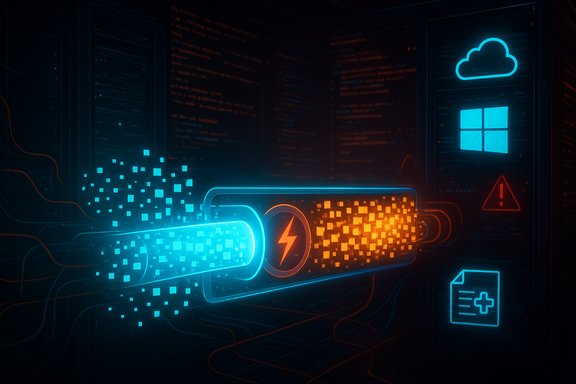Neon-lit data center with blue and orange data streams and cloud/Windows icons.