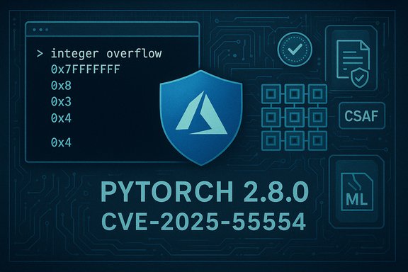 PyTorch 2.8.0 CVE-2025-55554; security flaw tied to integer overflow, shown with shield.