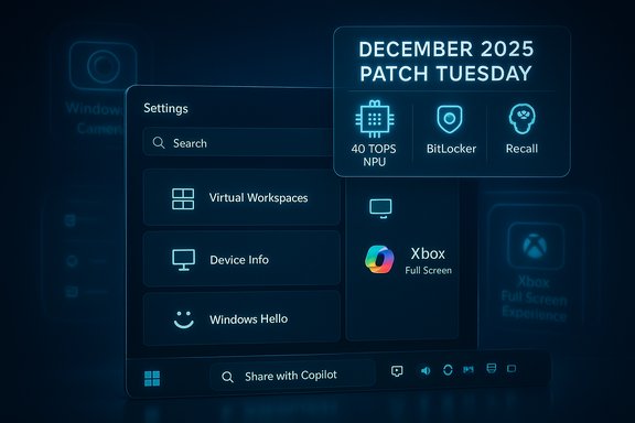 A futuristic Windows-style settings UI with a floating “December 2025 Patch Tuesday” panel.