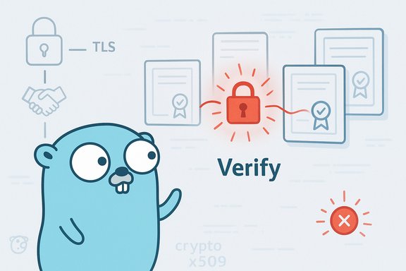 A blue cartoon character watches a row of certificates with a glowing red lock marked Verify.