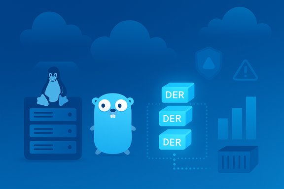 Blue cloud data scene with Linux penguin, a blue critter, and stacked DER blocks.