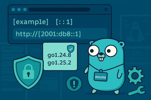 Blue cartoon developer with shield and badge guarding code and IPv6 addresses.