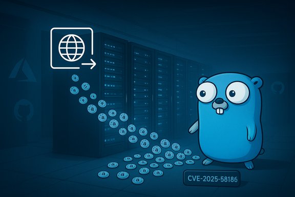 Blue cartoon creature in a data center releases a stream of 'a' coins from servers toward a globe icon, CVE-2025-58186.