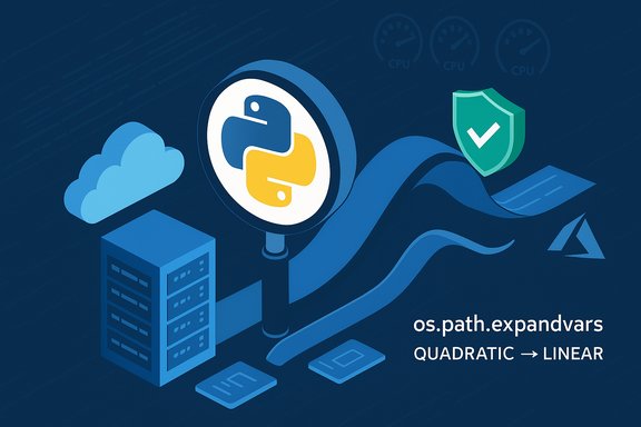 Blue tech illustration featuring the Python logo amid cloud, server, shield, and os.path.expandvars QUADRATIC → LINEAR