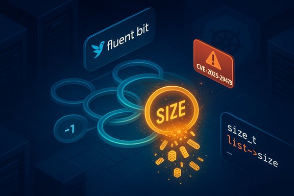 Fluent Bit-themed scene with a glowing SIZE explosion and a CVE-2025-29478 warning.