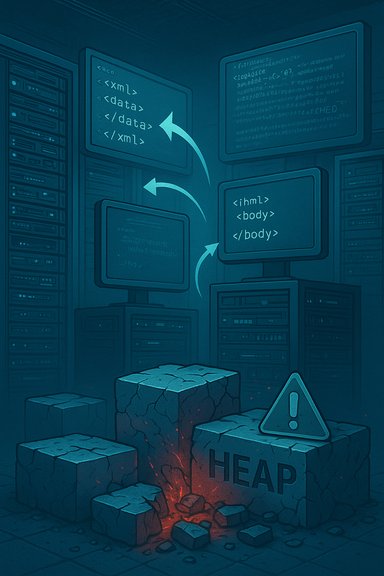 Data center scene with cracked HEAP blocks and warning sign, signaling a heap memory crash.