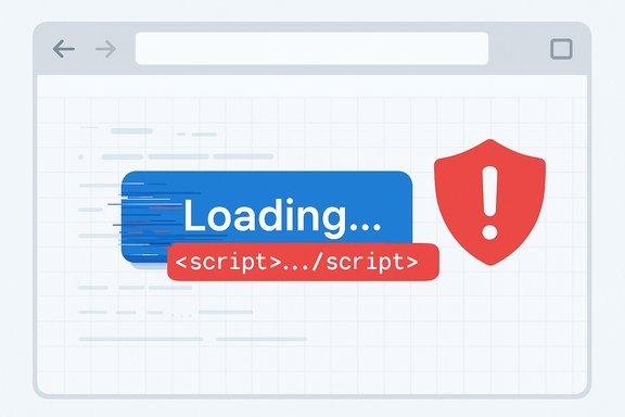 Browser loading screen with a script tag and a warning shield signaling a security risk.