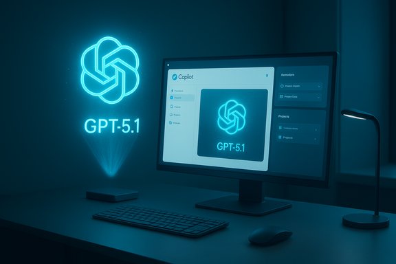 A futuristic desk with a neon GPT-5.1 logo and a monitor displaying the same UI.