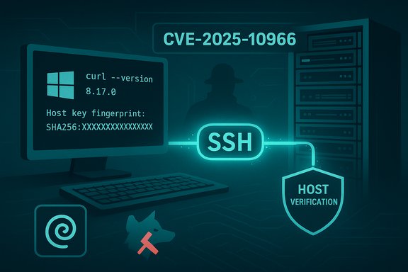 Neon cyber scene showing SSH connection, host verification, and CVE-2025-10966 alert.