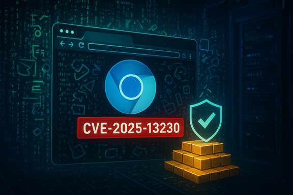 CVE-2025-13230 vulnerability in a Chromium-based browser, shown with a security shield over gold bars.