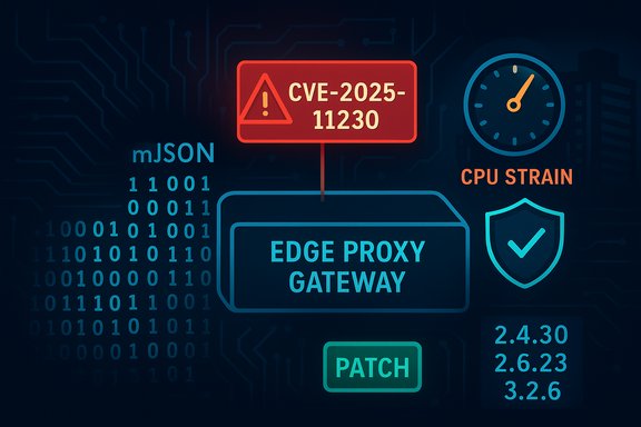 Edge Proxy Gateway with CVE-2025-11230 alert, patch codes, and security shield.