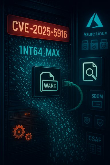 Server rack shows a CVE-2025-5916 label and a plugged-in WARC file icon, with Azure Linux branding. Server rack shows a CVE-2025-5916 label and a plugged-in WARC file icon, with Azure Linux branding.