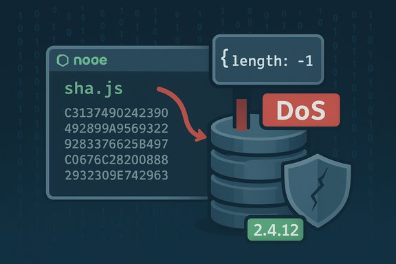 Cybersecurity illustration showing code, hashed data, a database stack, and a DoS shield.