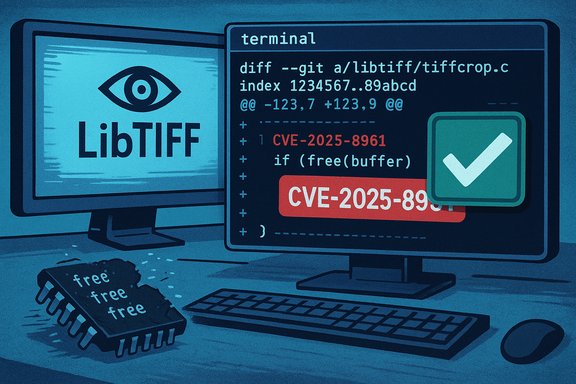 Illustration of LibTIFF on a monitor with a terminal showing CVE-2025-8961 vulnerability. Illustration of LibTIFF on a monitor with a terminal showing CVE-2025-8961 vulnerability.
