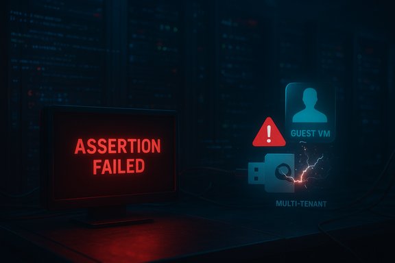 Dark data center scene with a monitor reading 'ASSERTION FAILED' and a USB port sparking near a guest VM warning.