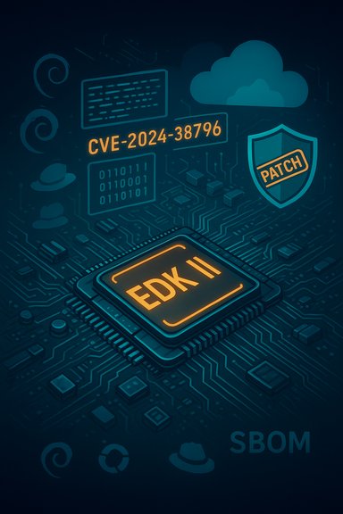 EDK II microchip on a circuit board, featuring CVE-2024-38796 and a patch shield.