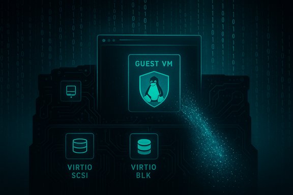 Stylized host computer with a Guest VM window and Virtio SCSI/BLK storage icons. Stylized host computer with a Guest VM window and Virtio SCSI/BLK storage icons.