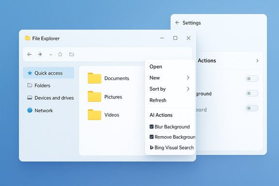 A Windows-style File Explorer UI showing Documents, Pictures, Videos and AI actions.