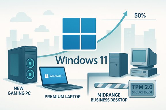 Windows 11 promotional illustration featuring a gaming PC, premium laptop and business desktop with TPM 2.0.