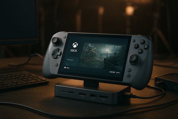 A handheld Xbox-style gaming device docked on a base, displaying gameplay on its screen.