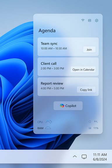 Floating agenda card on a blue desktop wallpaper showing events with action buttons.