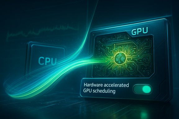 Futuristic GPU tech with neon circuitry and a toggle for hardware-accelerated GPU scheduling.