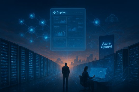 Futuristic data center with Copilot dashboards and Azure OpenAI.