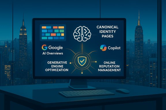 Desktop monitor shows a brain-themed AI dashboard for Canonical Identity Pages and tools.