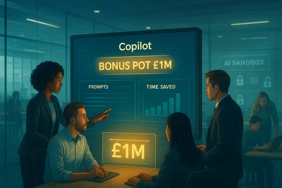 Team of professionals discusses a glowing £1M Copilot bonus on a futuristic AI dashboard.