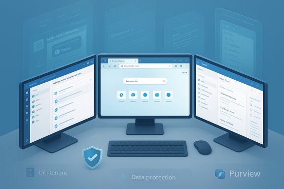 Triple-monitor workstation displaying data protection and governance dashboards.
