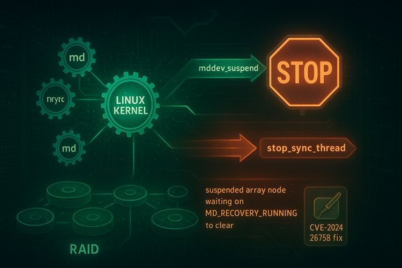 Neon diagram of the Linux kernel showing RAID disks and a STOP signal.