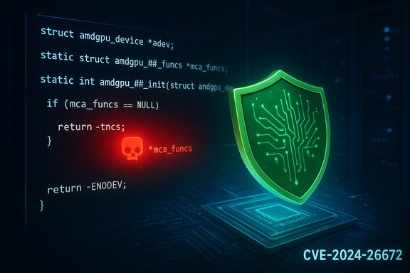 Code view with a red skull warning and a green shield illustrating CVE-2024-26672 vulnerability.