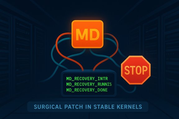 A neon MD recovery patch connects to kernel status lines amid server racks, with a STOP sign.