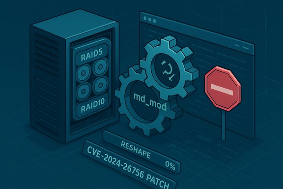 Patch deployment for CVE-2024-26756 on RAID storage, with gears and a stop sign.