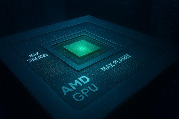 Close-up of an AMD GPU die with a glowing green core and 'MAX SURFACES'/'MAX PLANE' labels.