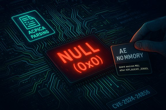 A neon “NULL (0x0)” error on a circuit board, hinting at a memory vulnerability (CVE-2024-24856).