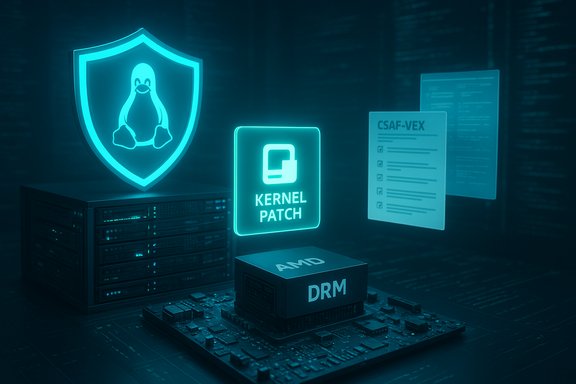 Neon blue tech scene featuring a Linux shield, Kernel Patch sign, and a DRM module on a motherboard.