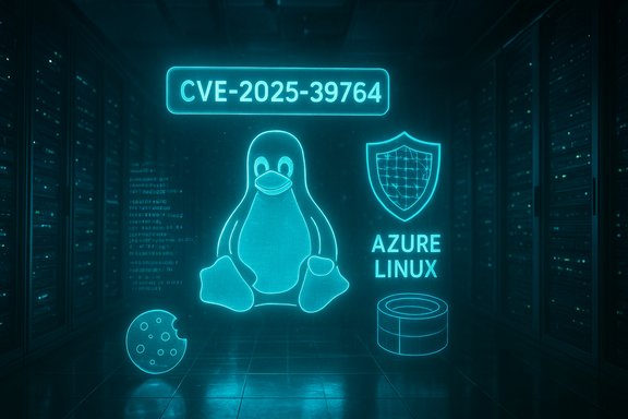 Glowing blue hologram of Tux with CVE-2025-39764 and Azure Linux shield in a server room.